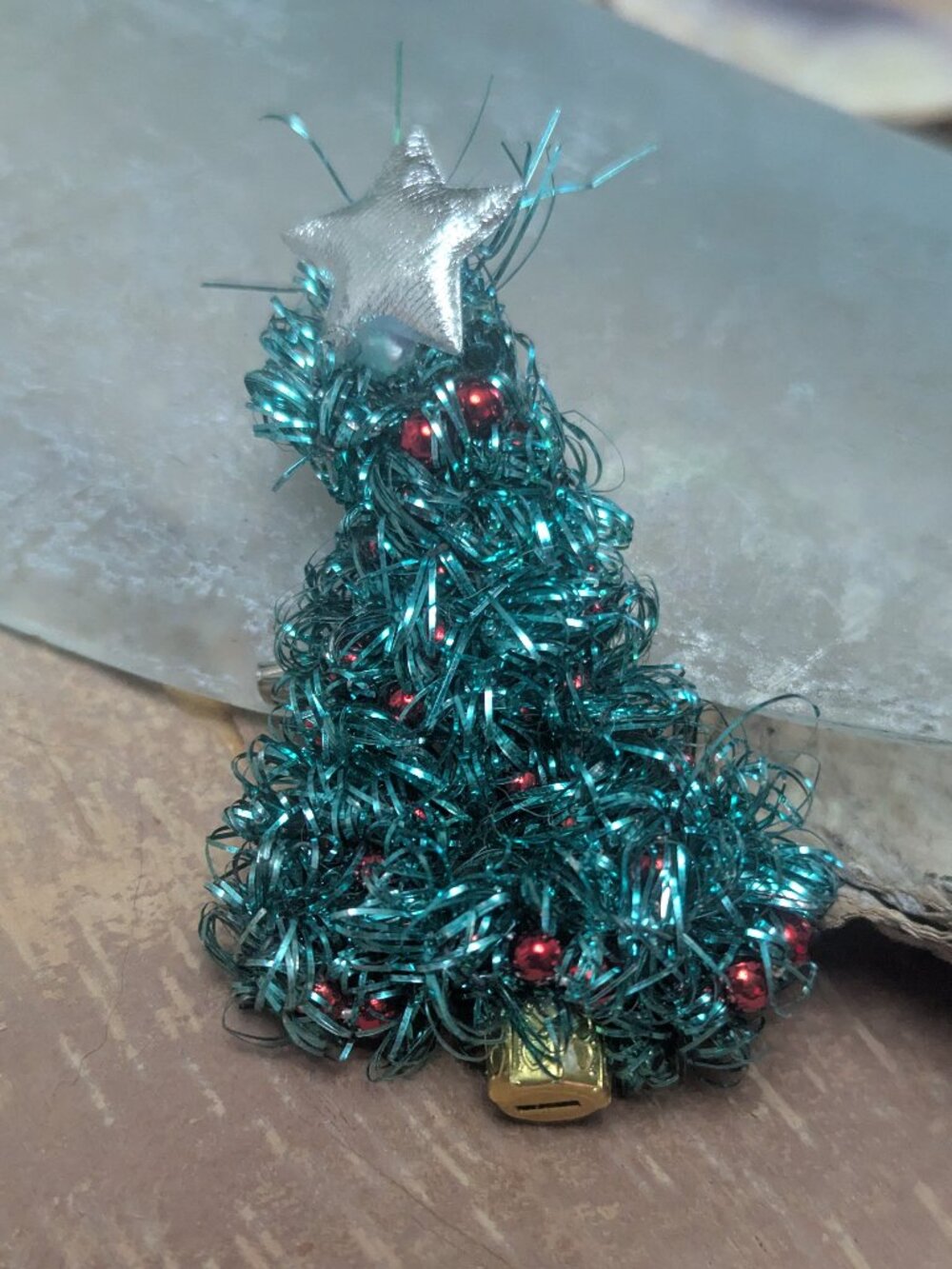 Vintage Christmas Tree Pin Green Tinsel Red Ornaments